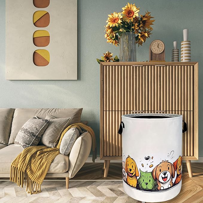Happy Colorful Dogs Laundry Hamper With Handles Foldable Cute Animals Dog Oxford Cloth Tote Bag Funny Laundry Basket Clothes Toy Storage Bucket 18.9" x 16.5"For Bathroom/Laundry/Bedroom