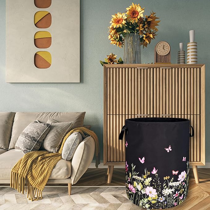 Beautiful Flowers Laundry Hamper With Handles Foldable Oxford Cloth Butterfly Tote Bag Floral Colorful Laundry Basket Clothes Toy Storage Bucket 18.9"x16.5" For Bathroom/Laundry/Bedroom