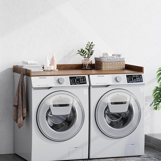 Washer Dryer Countertop, Wood Countertop with Edge Rails for Laundry Room Organization and Storage, Washer Dryer Topper for Laundry Room, 27.5" x 54" (Walnut Wood)