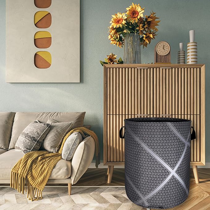 Basketball Grey Texture Laundry Hamper With Handles Foldable Oxford Cloth Tote Bag Cool Sports Theme Laundry Basket Clothes Toy Storage Bucket 18.9" x 16.5" For Bathroom/Laundry/Bedroom