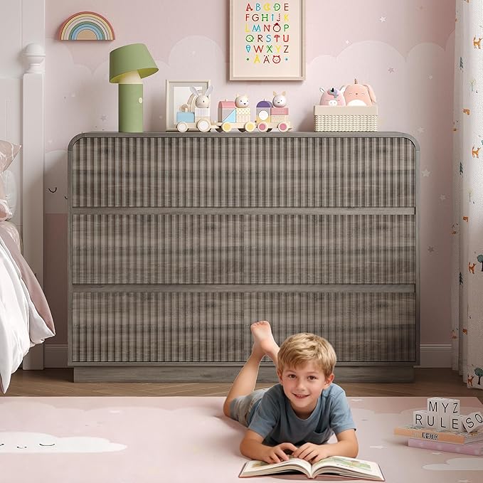 Dresser for Bedroom with 6 Drawers, Fluted Chest of Drawers with Round Curved Corner, Hidden Handles, Modern Wood Storage Organizer for Bedroom, Nursery, Living Room