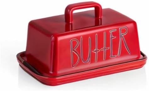 Sweejar Ceramic Butter Dish with Handle Lid, 7.3 Inch Porcelain Large Butter Keeper with Cover, Perfect for East/West Butter (Red)