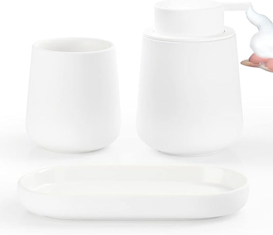 BosilunLife Bathroom Accessories Set 3 pcs - Bathroom Ceramic Foaming Soap Dispenser Set Farmhouse White Bathroom Decor, Foam Soap Dispenser and Toothbrush Holder/Tumbler Cup, Tray