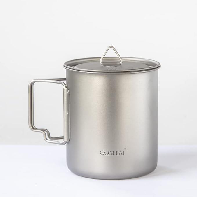 Titanium Camping Pot Mug 15oz (420ml) with Lid and Foldable Handle – Ultralight Camping Cup for Hiking, Backpacking, Outdoor Cooking, Silver