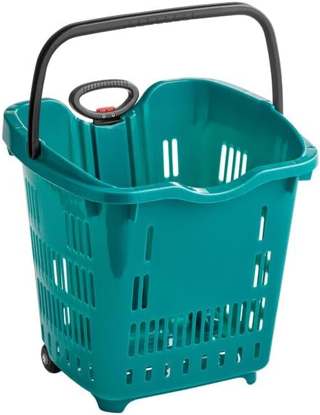 Rolling Shopping Basket, Green Plastic, 21.25x16.5 Inch, 45 lb Capacity, Telescopic Handle, Stackable with Wheels