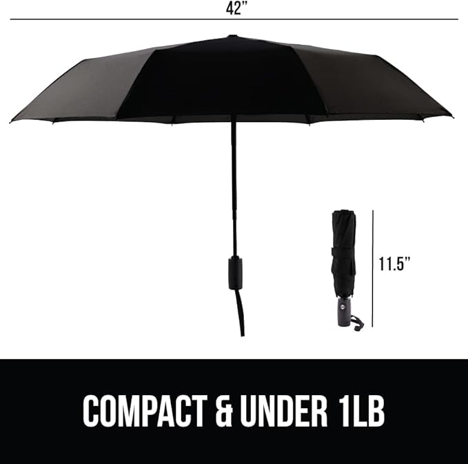 GORILLA GRIP Strong Stick Umbrella for Rain, Compact Travel One-Click Automatic Open Close, Lightweight Portable US Designed Reinforced Fiberglass Ribs, Wind Resistant Easy Collapse Black Gray 2 Pack