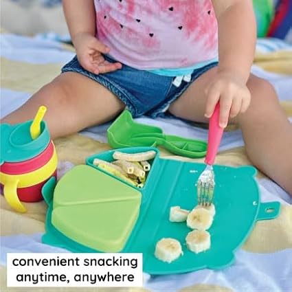 On-The-Go Snack Mat – Baby Silicone Travel Dining Placemat – Portable Silicone Toddler Plate – Reusable Snack Container with 3 Compartments and Lids for 6 Months + (Plum)