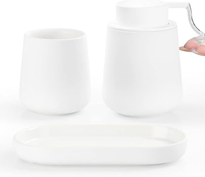 BosilunLife White Bathroom Accessory Set - 3 pcs Ceramic Bathroom Soap Dispenser Set Farmhouse Bathroom Decor Sets Accessories, Soap Dispenser and Toothbrush Holder, Tray (White Set - Liquid Pump)