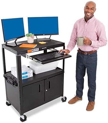 Line Leader Extra Wide AV Cart with Locking Cabinet, Rolling Computer Desk, Height Adjustable Utility Cart with Pullout Keyboard Tray & UL-Listed Power Strip, Great for Projectors (42 x 32 x 20in)