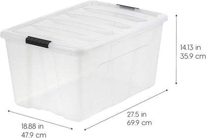 IRIS USA 94 Qt Stackable Plastic Storage Bins with Lids, 2 Pack - BPA-Free, Made in USA - See-Through Organizing Solution, Latches, Durable Nestable Containers, Secure Pull Handle - Clear