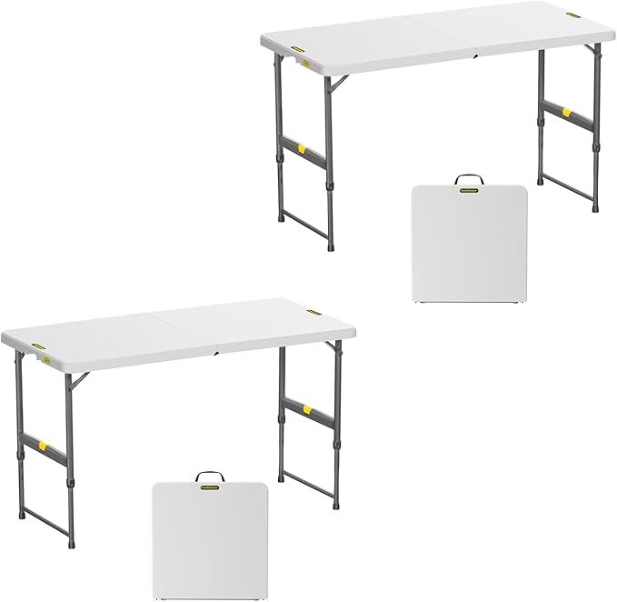 FanttikOutdoor 4ft Portable Folding Table, One-Handed Height Adjustment, 4 Heights, Gravity Lock, Carry Handle, Indoor Outdoor Heavy Duty Fold-in-Half Utility Table, Party, 2-Pack, White Zeta X4 Pro