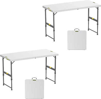 FanttikOutdoor 4ft Portable Folding Table, One-Handed Height Adjustment, 4 Heights, Gravity Lock, Carry Handle, Indoor Outdoor Heavy Duty Fold-in-Half Utility Table, Party, 2-Pack, White Zeta X4 Pro