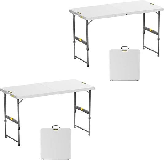 FanttikOutdoor 4ft Portable Folding Table, One-Handed Height Adjustment, 4 Heights, Gravity Lock, Carry Handle, Indoor Outdoor Heavy Duty Fold-in-Half Utility Table, Party, 2-Pack, White Zeta X4 Pro