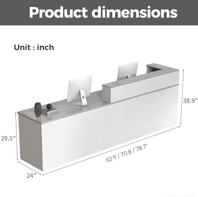 L Shape Reception Desk with Counter, Lockable Drawer, Keyboard Tray, and Double-Layer Storage for Salon, Office, or Clinic(White+Gray/Left, 63" L*24" W*39" H)
