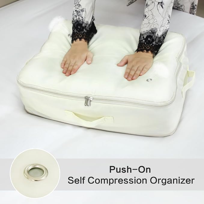 Ultra Space Saving Self Compression Storage Bags with Zipper, (Beige) -Compression Organize for Bedding, Comforter Storage Bag for Blankets Duvet Quilts Pillows
