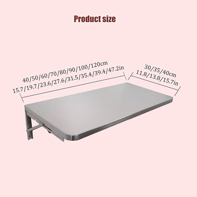 304 Stainless Steel Folding Wall Shelf Wall Mount Kitchen Storage Shelves Rounded Corners Food-grade Folding Table Thickened Bracket for Laundry Room Garage Restaurant.(100x30cm/39.4x11.8in)
