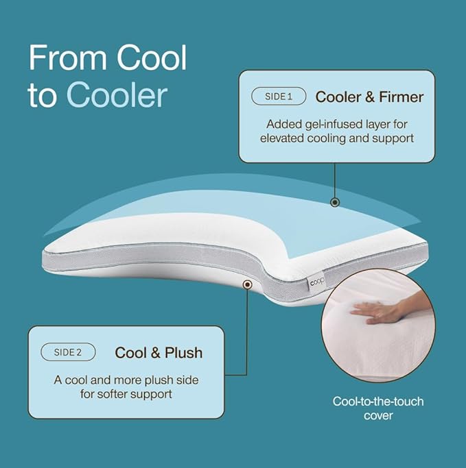 Coop Home Goods Cool+ Crescent Adjustable Pillow, Queen Size Plus Shaped Memory Foam Pillows with Cooling Gel, Neck Support, Back or Side Sleeper Pillow, CertiPUR US/GREENGUARD Gold