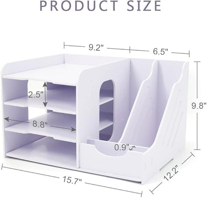 SONGWAY File Organizer for Desk - 4 Tier Vertical and Horizontal Document Holder, File Sorter, A4 Paper Storage Holder, Desktop Organizer for Home Office School Decoration, White