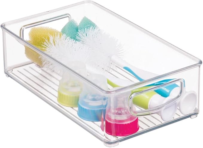 mDesign Small Plastic Baby Nursery and Food Organizer -Storage Holder Bin with Handles for Closet, Cupboard, Cabinet, Drawers, Shelves - Holds Canned Food, Bottles, Formula - Ligne Collection, Clear