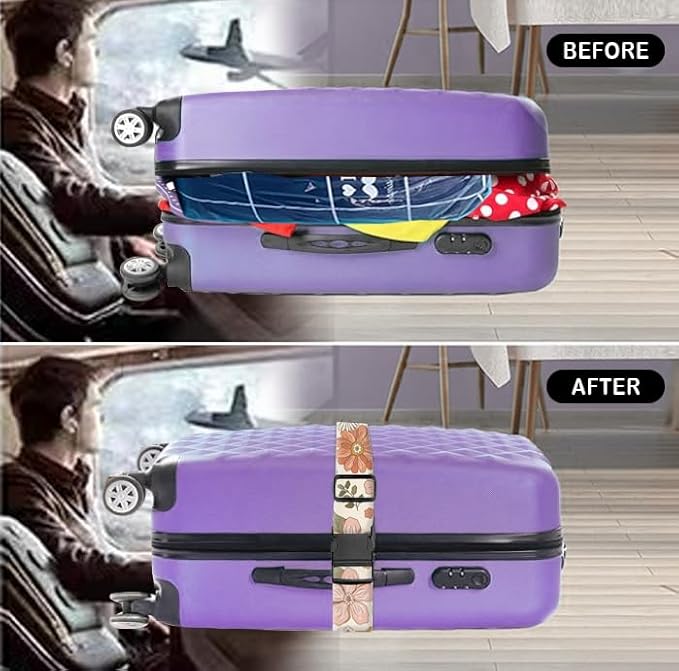 Luggage Straps for Suitcases Travel Belt Accessories, Cute Suitcase Strap, Adjustable Luggage Belt Strap, Heavy Duty with Quick-Release Buckle Luggage Strap Retro Boho Flowers