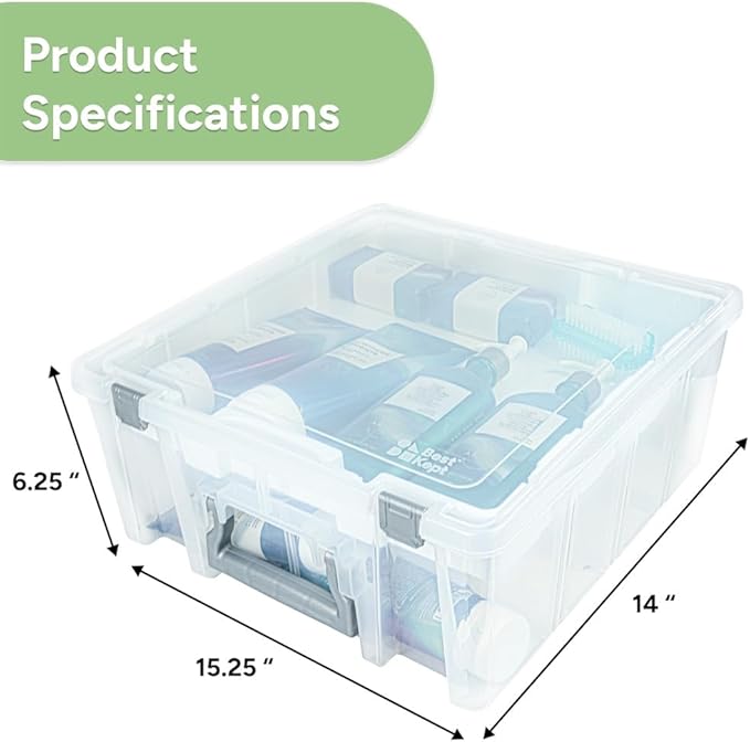 Best Kept Super Satchel Double Deep with Lift-Out Tray and Removable Dividers, Stackable Home Storage Organization Container, Clear with Sliver Latches and Handle