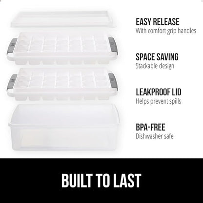 GORILLA GRIP BPA-Free Easy Release Ice Cube Tray for Freezer, Make Lots of Ice, 56 Cubes Total, Kit Includes 2 Stackable Leakproof Trays with Lid and Soft Handle Grips, Scooper, Bin, For Coffee, Gray