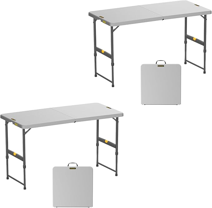 FanttikOutdoor 4ft Portable Folding Table, One-Handed Height Adjustment, 4 Heights, Gravity Lock, Carry Handle, Indoor Outdoor Heavy Duty Fold-in-Half Utility Table, Party, 2-Pack, Grey Zeta X4 Pro