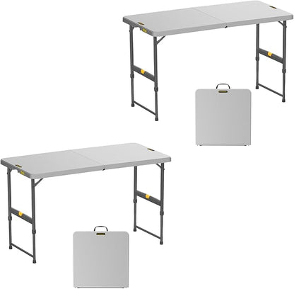 FanttikOutdoor 4ft Portable Folding Table, One-Handed Height Adjustment, 4 Heights, Gravity Lock, Carry Handle, Indoor Outdoor Heavy Duty Fold-in-Half Utility Table, Party, 2-Pack, Grey Zeta X4 Pro