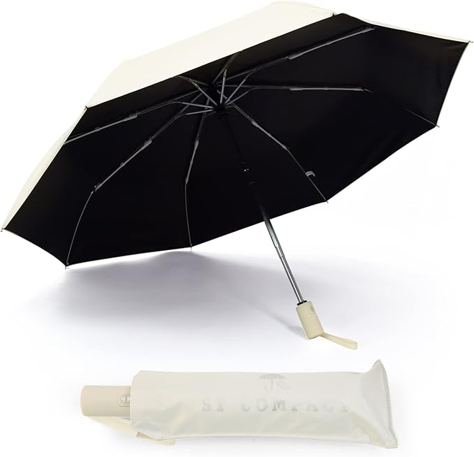 SY COMPACT Umbrella Automatic Travel Waterproof Light Folding Umbrellas Easy Carry for Women and Men (Creamy White)