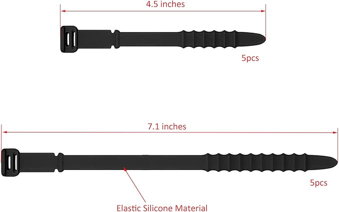 Silicone Zip Ties, Reusable Zip Ties, Rubber Cable Ties Straps for Wire Management, Elastic Silicone Ties Cable Organizer for Home Office, Black Cord Ties in Two Sizes 4.5" and 7.1" (5+5 Pcs Black)