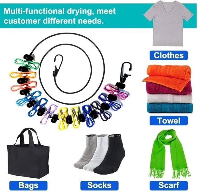 1 Pack Portable Clothesline with 12 Clothespins, Windproof Travel Clothesline Stretchy Retractable Elastic Laundry Clothes Line for Backyard, Vacation Hotel, Balcony Clothes Drying Line (Color)
