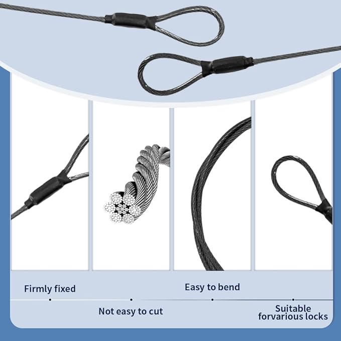 3.3mm Steel Wire Rope Outdoor Travel Security Cable Lock,Braided Steel Coated Safety Cable Luggage Lock,Safety Cable Wire Rope Chain Lock Double Loop Lightweight (Black, 12in/10Pcs)