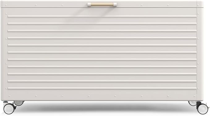 MIRADOR 175 Gallon Outdoor Storage Box Waterproof with Wheels, Metal Deck Box for Patio Furniture, Garden Tools, Outdoor Cushion, Latte