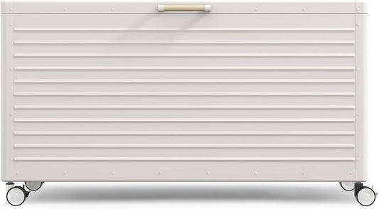 MIRADOR 175 Gallon Outdoor Storage Box Waterproof with Wheels, Metal Deck Box for Patio Furniture, Garden Tools, Outdoor Cushion, Latte