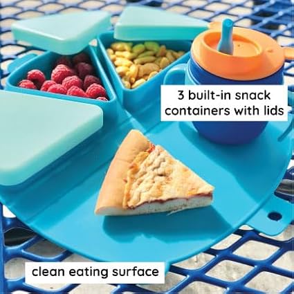On-The-Go Snack Mat – Baby Silicone Travel Dining Placemat – Portable Silicone Toddler Plate – Reusable Snack Container with 3 Compartments and Lids for 6 Months + (Ocean)