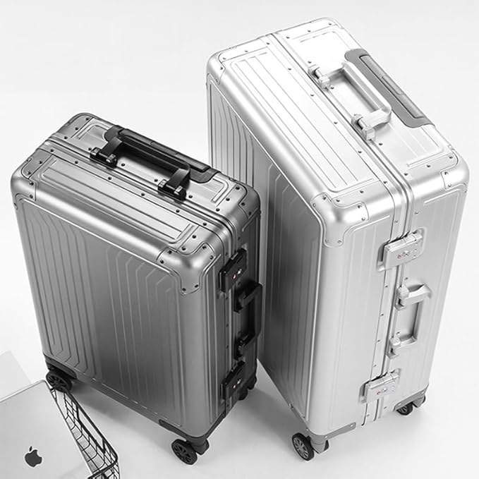 Metal all aluminum carry-on suitcase 20 "hard face, TSA lock and rotating wheel zippered luggage set (blue, 24 '')