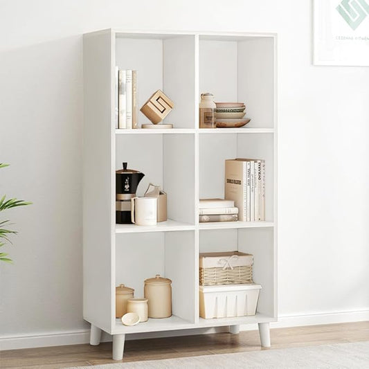 IOTXY Open Cube Low Bookcase - 3-Tier Freestanding Storage Display Cabinet Organizer with Legs for Home Office, 6-Cubes Open Shelf Short Bookshelf, White