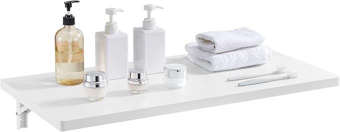 VEVOR Wall Mounted Folding Table, 31.5 x 15.7 inches Wall Mount Table, Floating Desk with Iron Bracket for Small Spaces, Home Office, Dining, Laundry Room, Kitchen, Bar, White