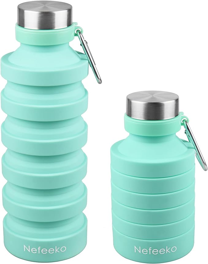 Nefeeko Collapsible Water Bottle, Reuseable BPA Free Silicone Foldable Water Bottles for Travel Gym Camping Hiking, Portable Leak Proof Sports Water Bottle with Carabiner