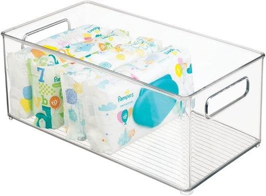 mDesign Plastic Deep Bin Organizer Caddy Container w/ Handles for Nursery, Kitchen, Pantry, Bathroom, Cabinet Storage Organization - Holds Snacks, Bottles, Baby Food Jar, Diaper - 14" Long -Clear