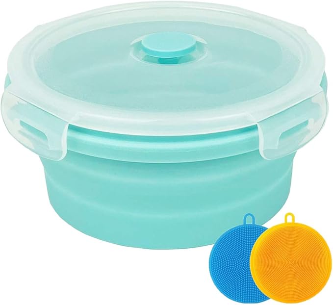 Collapsible Bowl Silicone Collapsible Container Food Storage Containers Collapsible Camping Bowl for Travel Camping Hiking with Airtight Plastic Lids and 2Pack Silicone Dish Sponges- Blue, 1200ml