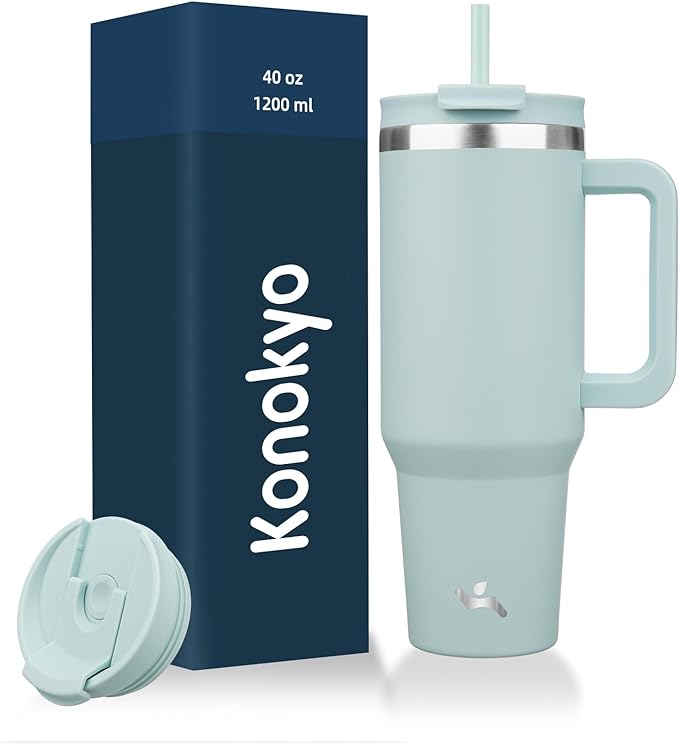 40 oz Tumbler with Handle and 2 Straws,2 in 1 Lid Insulated Water Bottle Stainless Steel Travel Coffee Mug,Blue Haze