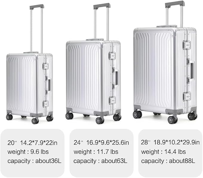 Metal all aluminum carry-on suitcase 20 "hard face, TSA lock and rotating wheel zippered luggage set (black, 28 '')