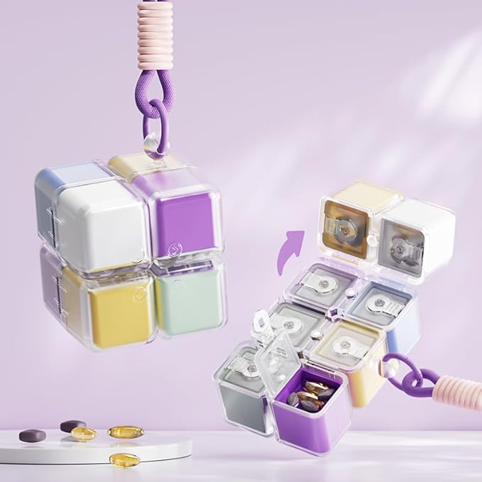 Travel Pill Organizer,Magnetic Cube Cute Pill Box,Pill Compact with 8 Compartment,Vitamin Cases Organizers 7 Day for Vitamins & Supplements(Yellow)