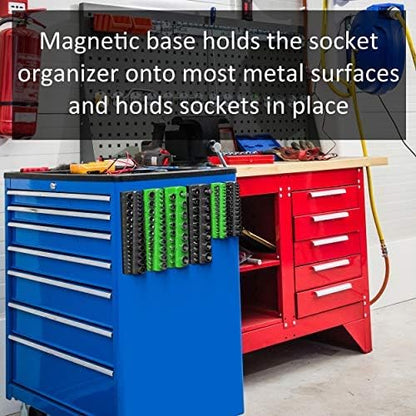 Olsa Tools Magnetic Socket Organizer | 3/8-inch Drive | SAE | Green | Holds 26 Sockets | Professional Quality Tools Organizer
