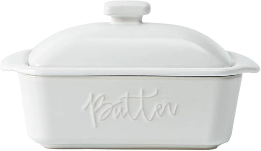 FE Butter Dish, 10 oz Ceramic Butter Keeper with Water Line, French Butter Dish with Lid for Countertop (White)