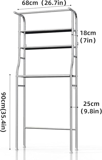 Over The Washer and Dryer Storage Shelf, 3 Tier Laundry Room Metal Drying Rack with Towels Hangers, Space Saver Organizer for Hanging Clothes and Towels (Stainless Steel RA1)