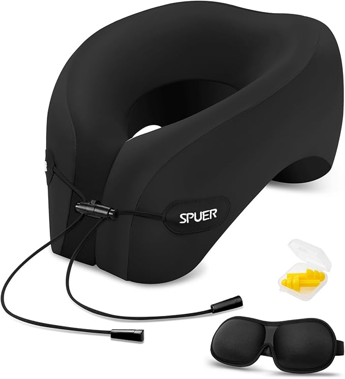 Travel Pillow – Neck Pillow Airplane, Travel Pillows for Airplanes, Airplane Travel Accessories with Eye Mask, Earplugs, Ergonomic Memory Foam Neck Pillow for Sleeping, Flights, Cars, Office (Black)