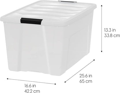 IRIS USA 72 QT Plastic Storage Box with Lid and Latches - 4 Pack - BPA-Free, Discreet Organizing Solution, Durable Nestable Stackable Containers, Secure Pull Handle - Pearl