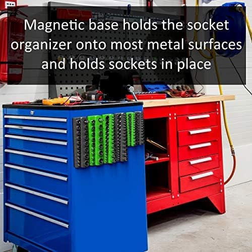 Olsa Tools Magnetic Socket Organizer | 1/2-inch Drive | SAE | Green | Holds 16 Sockets | Professional Quality Tools Organizer